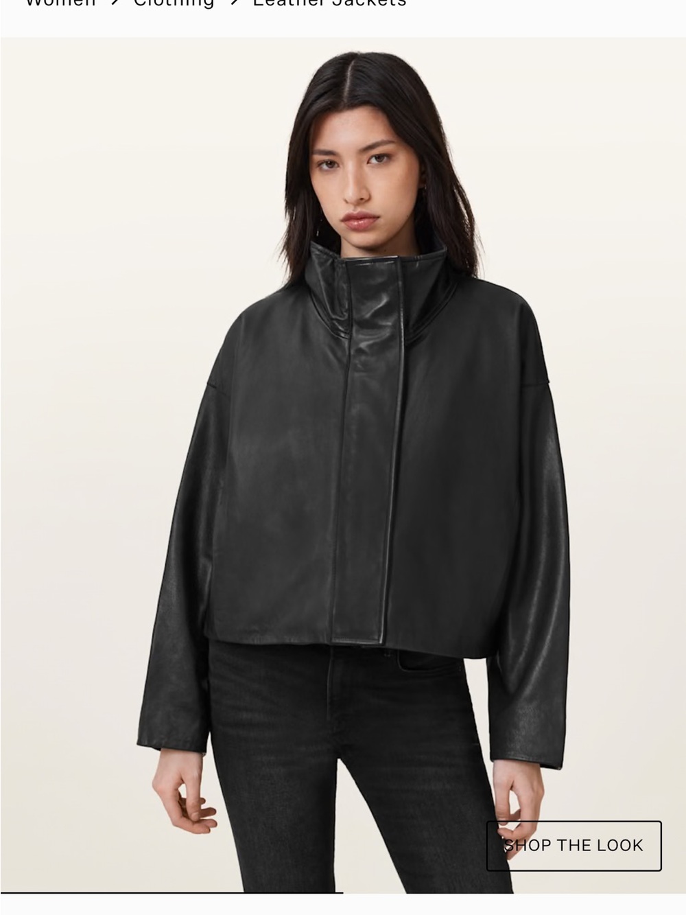 ALLSAINTS RYDER FUNNEL NECK LEATHER JACKET Women's Black Leather Cropped Jacket.